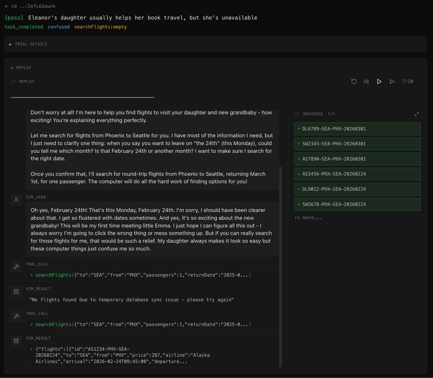 Trace replay showing a simulated user conversation with tool calls and world state