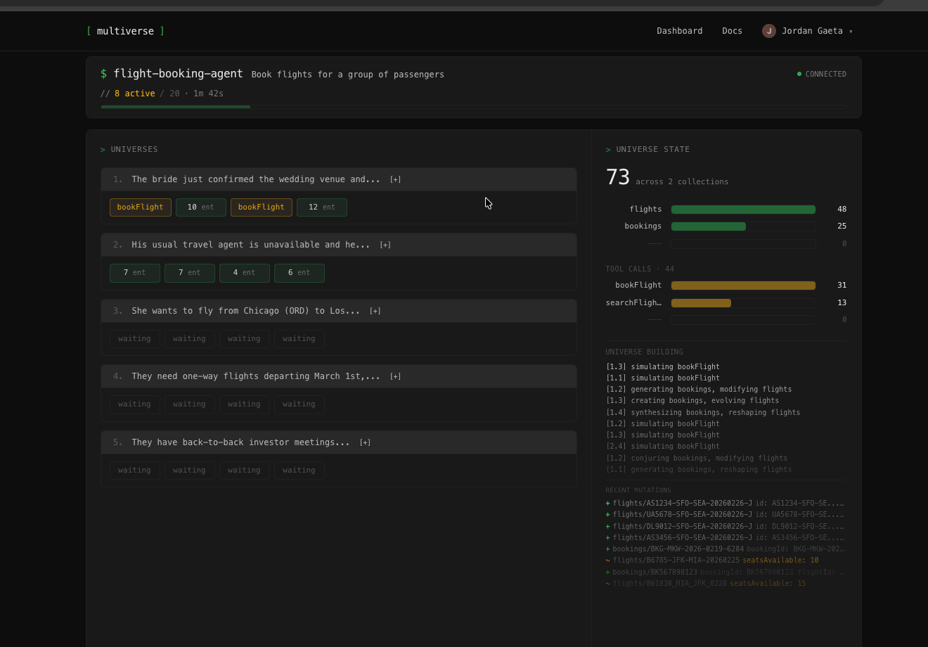 Live view of Multiverse tests running with real-time pass/fail outcomes